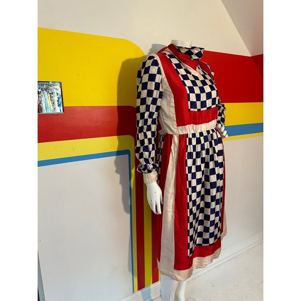 1970s vintage silk Rizkallah for Malcolm Starr checker day dress sz m - Picture 5 of 10